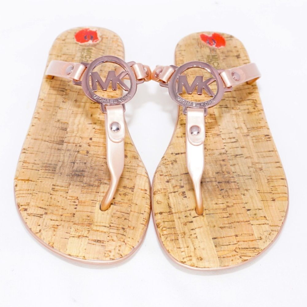 Michael Kors Rose Pink Cork T-Strap Thong Sandals, Size 6